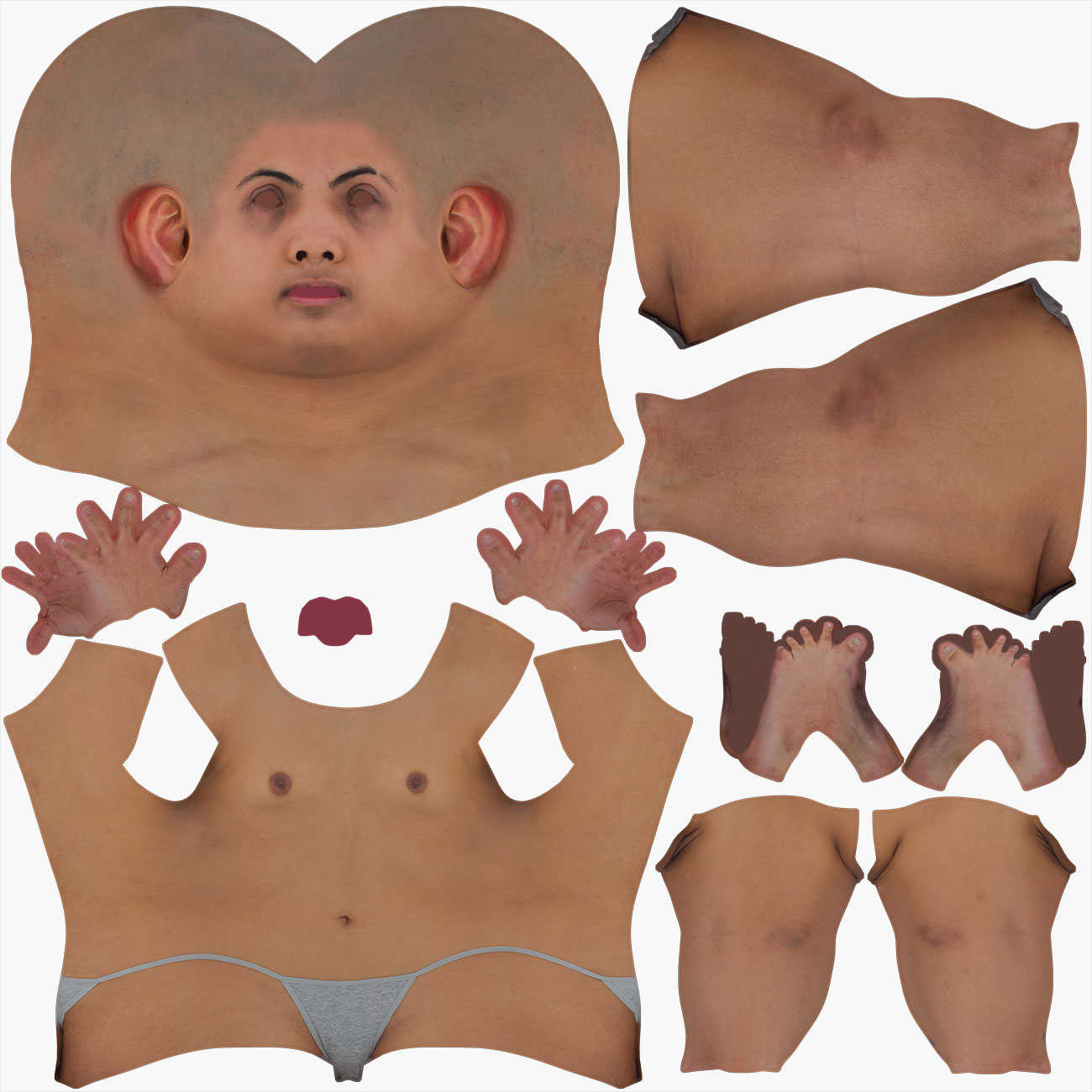 UV unwrap layout for a female 3D body scan showing low-distortion texture coordinates across the full mesh